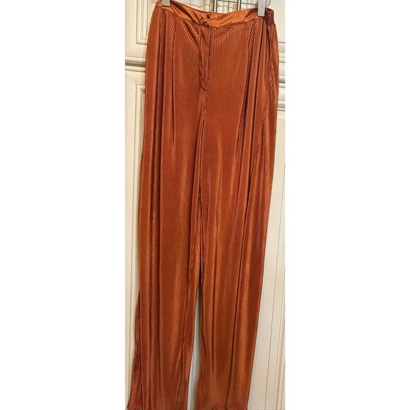 Nasty Gal Women's Ribbed Pleated Front Wide Leg Trouser Pants Rust Orange Size 8 - Picture 7 of 10